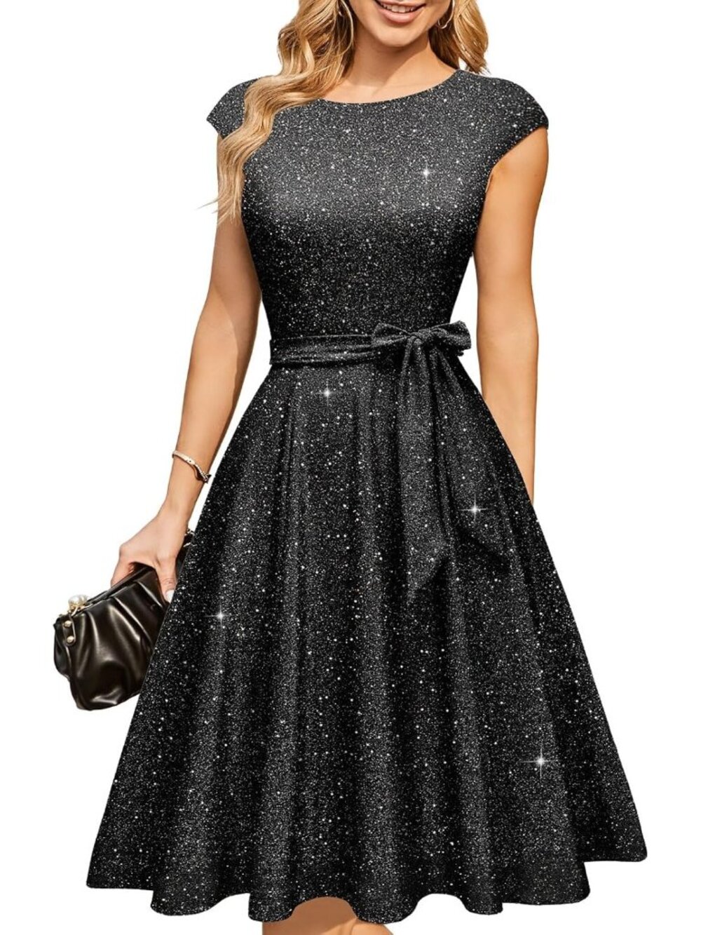 Women's Glitter Black A-line Detachable Belt Formal Wedding Guest Party Dresses
